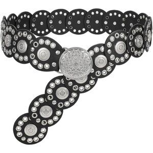 Women Vintage Disc Waist Concho Leather Belt Boho Waist Belt Black Silver Buckle